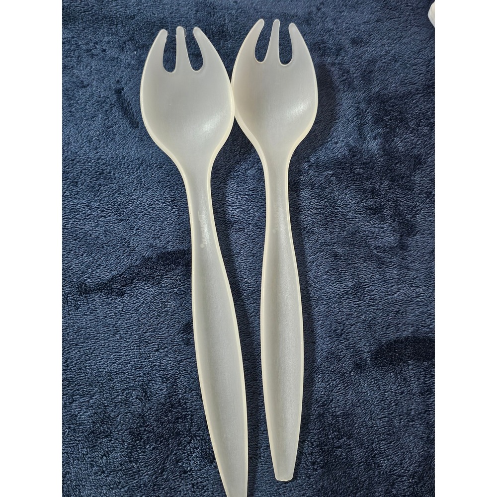 Vintage Tupperware Sheer Frosted Clear Salad Server Set Spork Tongs 2 Piece